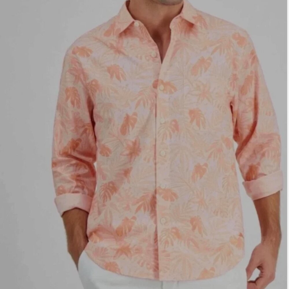 Tommy Bahama Men Button Down Shirt Digital Palm Chambray Print Dark Coral Size M